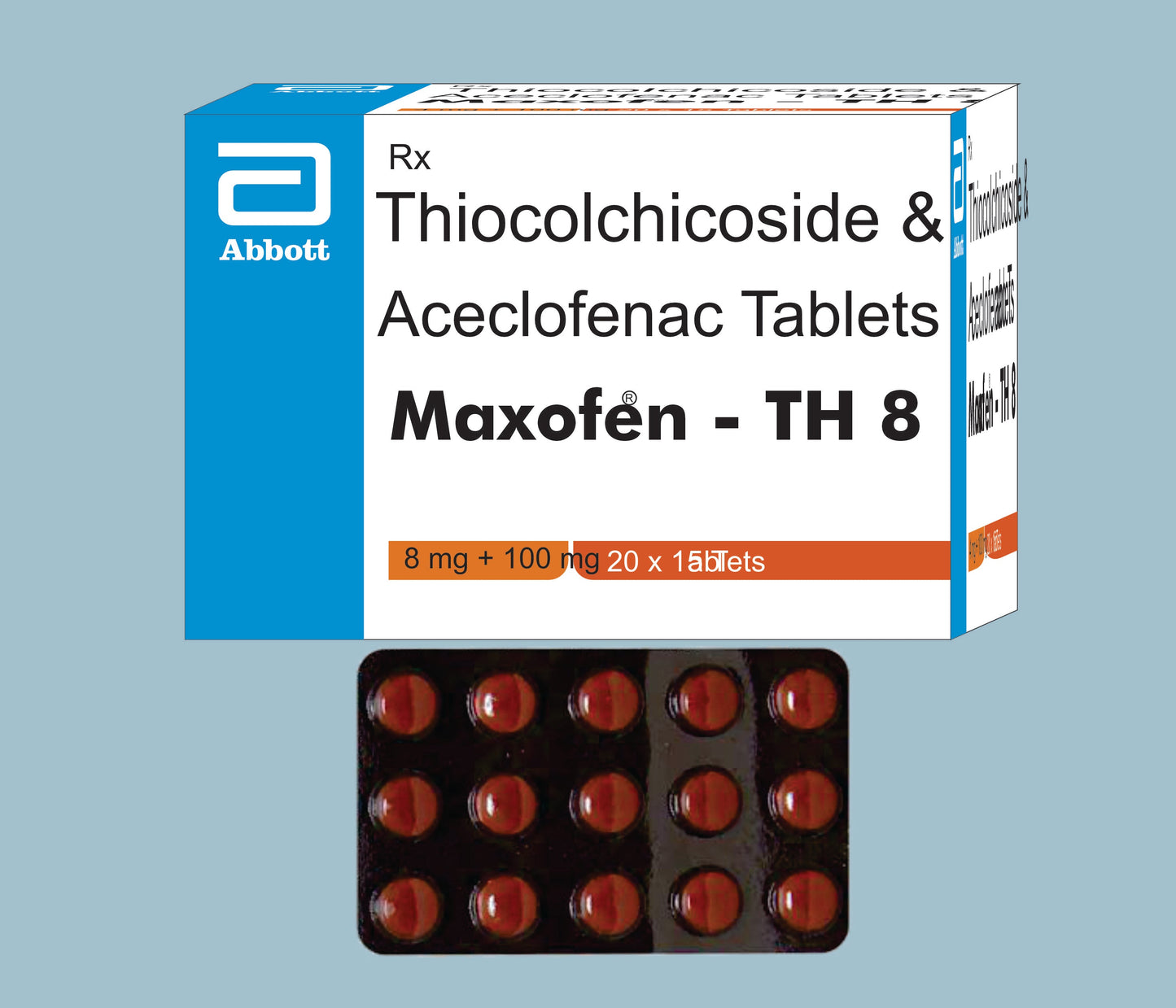 Maxofen-TH 8 Tablets (15Tabs) (Thiocolchicoside 8mg & Aceclofenac 100mg)  by Abbott