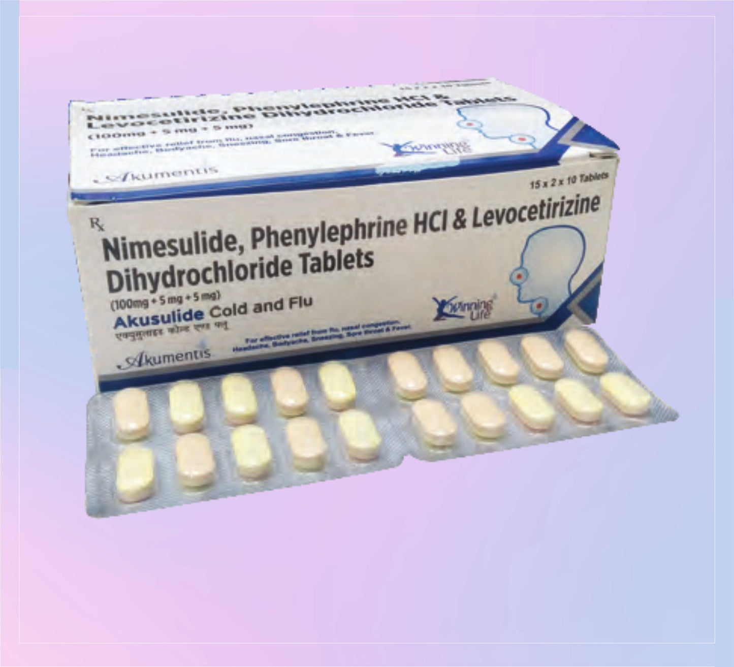 Akusulide Cold And Flu Tab (Bl) 15x2x10 نيماسولايد 100 ملجم + ليفوسيتريزين 5 ملجم + فينيليفرين 5 ملجم من أكيومينتس