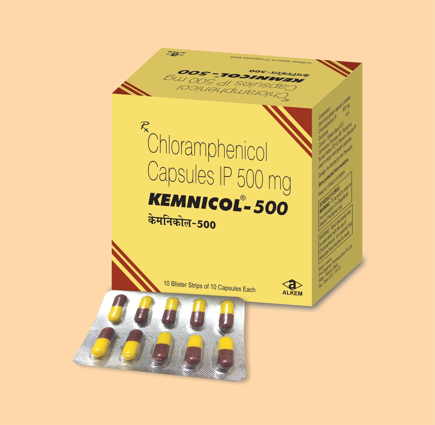 KEMNICOL 500 CAP (10'S)(YELLOW & MAROON) (10'S  Chloramphenicol 500 mg by Alkem