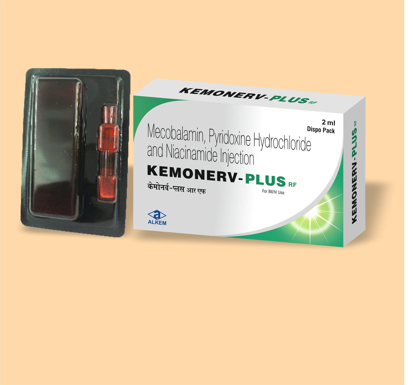 KEMONERV-PLUS RF (2ML) (2 ml (Dispo Pack)  Methylcobalamin 1000 mcg + Pyridoxine Hydrochloride 100 mg + Nicotinamide 100 mg by Alkem
