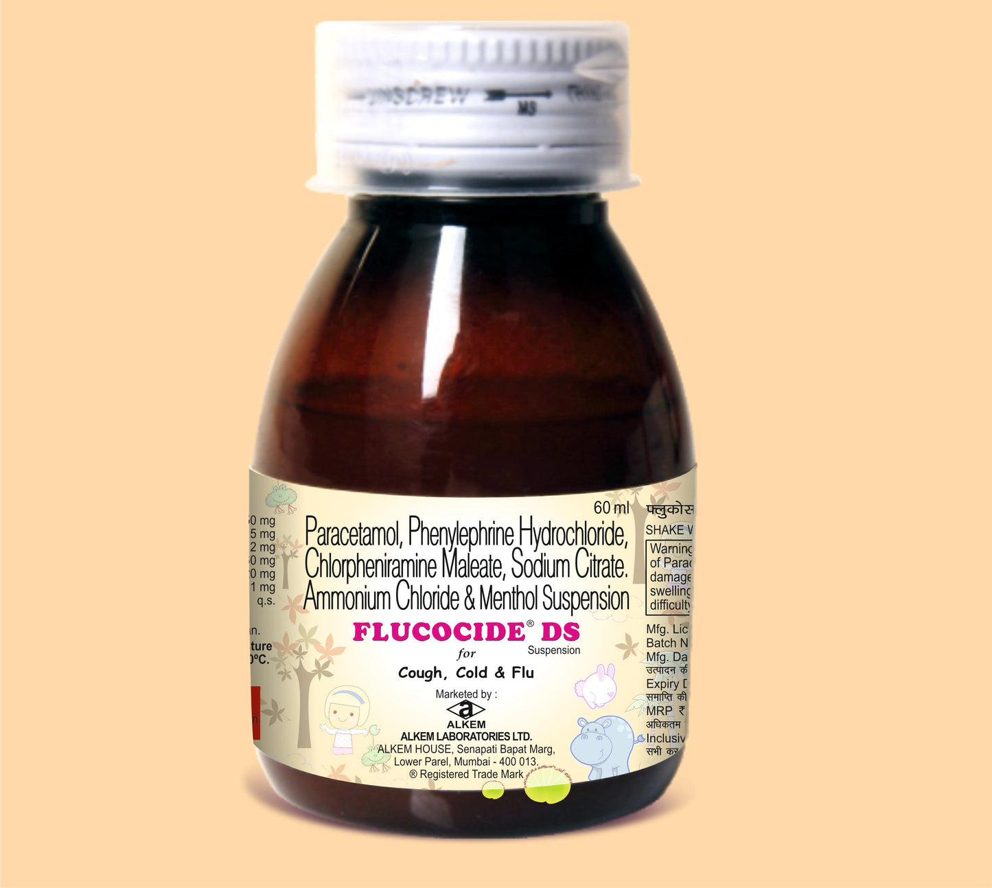 FLUCOCIDE DS SUSPENSION (60ML) (60 ML  Paracetamol 250 mg + Phenylephrine Hydrochloride 5 mg + Chlorpheniramine Maleate 2 mg + Sodium Citrate 60 mg + Ammonium Chloride 120 mg + Menthol 1 mg by Alkem