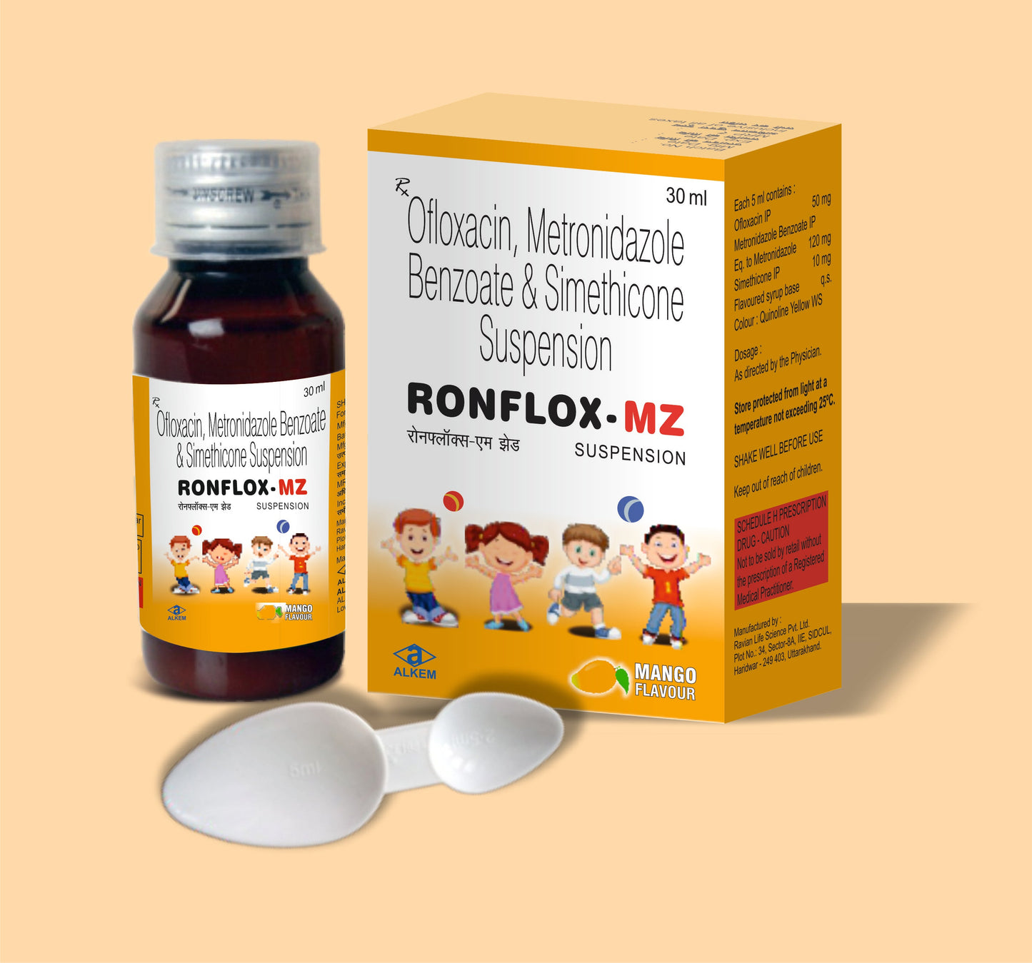RONFLOX-MZ SUSPENSION (30ML) (30  ml  Ofloxacin 50 mg + Metronidazole 120 mg + Simethicone 10 mg by Alkem