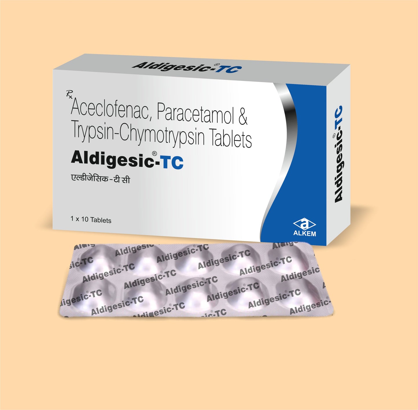 ALDIGESIC TC TABLETS (10'S) (10'S  Aceclofenac 100 mg + Paracetamol 325 mg + Trypsin Chymotrypsin 50000 AU by Alkem