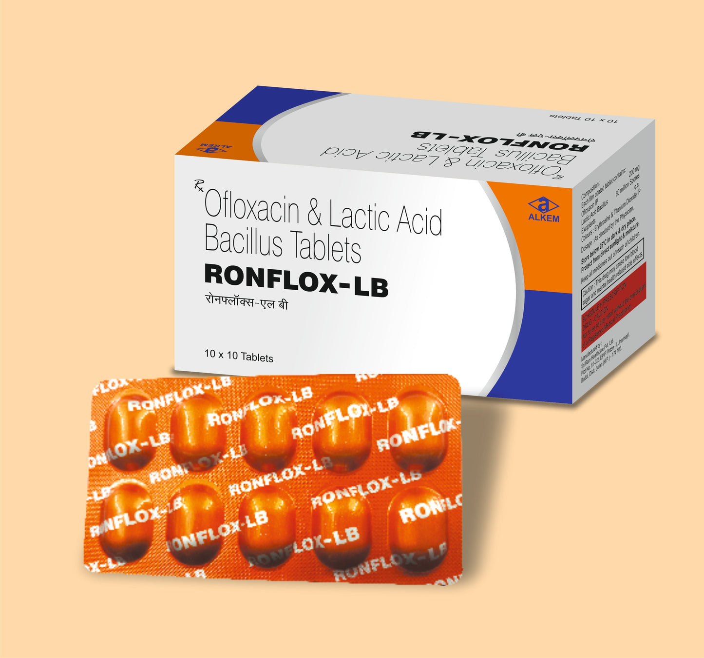 RONFLOX-LB TABLETS (10'S) (10s  Ofloxacin 200 mg + Lactic Acid Bacillus 60 million spores by Alkem