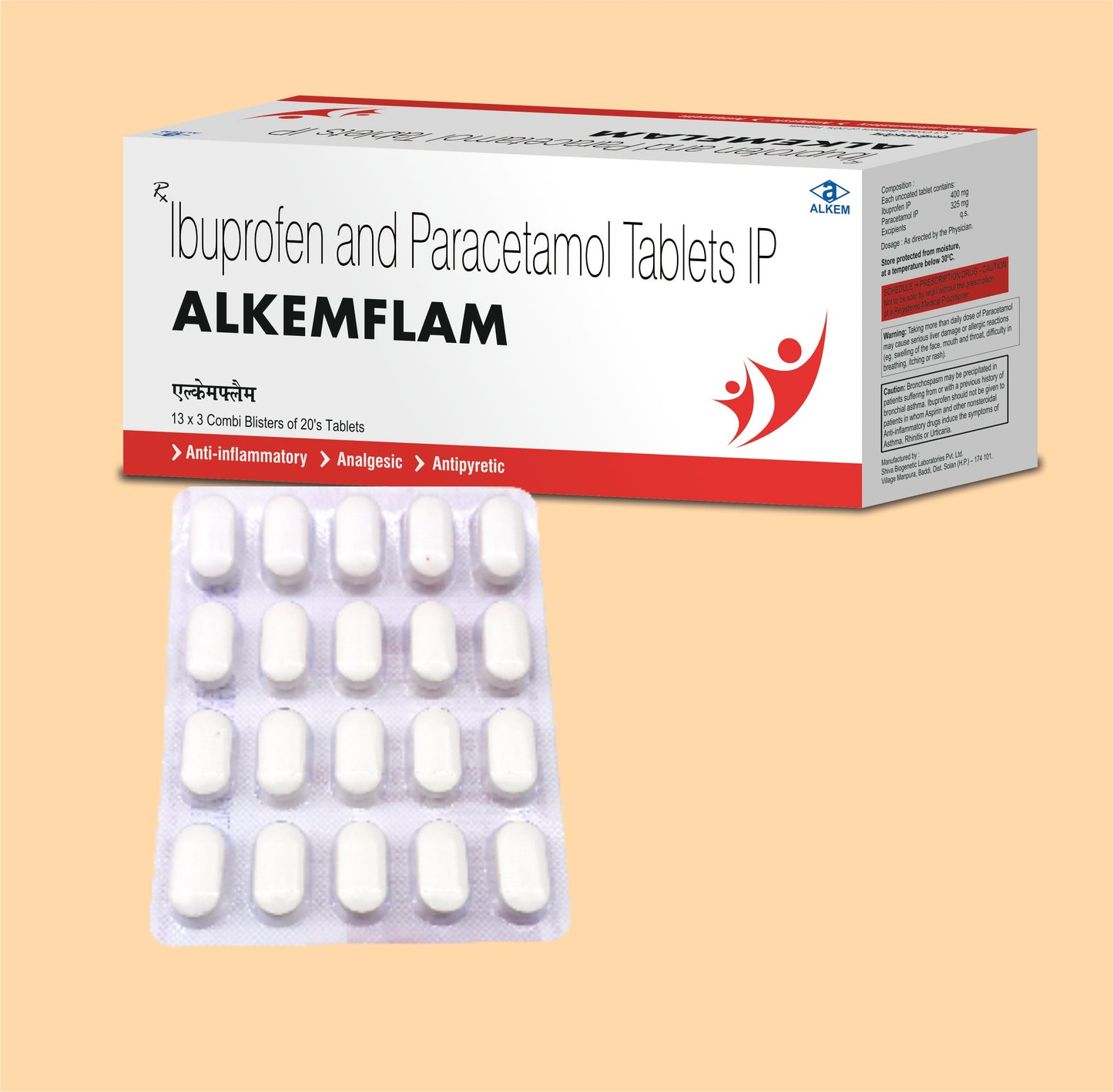 ALKEMFLAM TABLETS (20'S) (20s  Ibuprofen 400 mg + Paracetamol 325 mg by Alkem