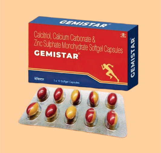 GEMISTAR CAPSULES (10'S) (10's  Calcitriol 0.25 mcg + Calcium Carbonate 500 mg + Zinc 7.5 mg by Alkem
