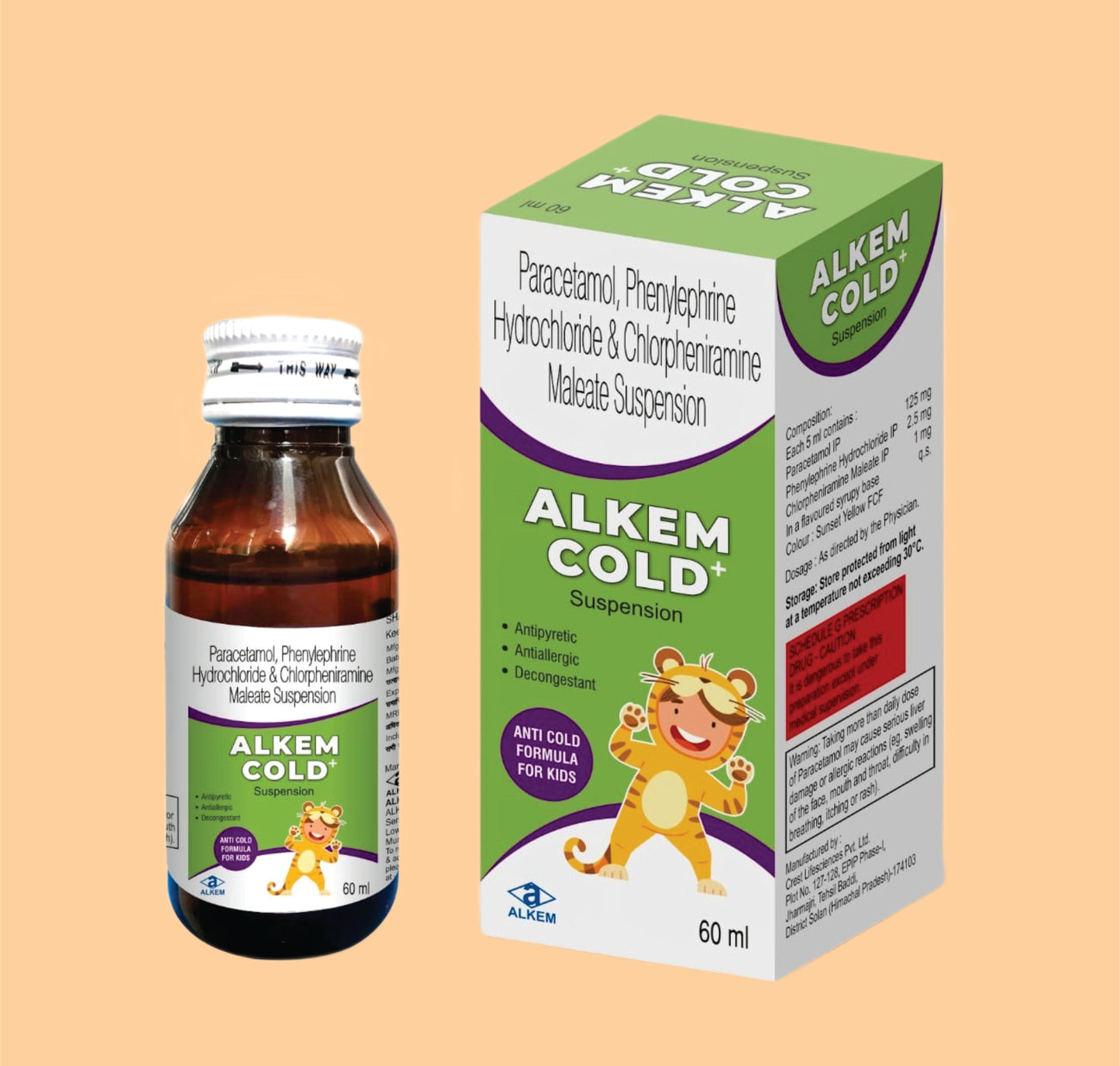NEW ALKEM COLD + SUSPENSION (60 ml  Paracetamol 125 mg + Phenylephrine Hydrochloride 2.5 mg + Chlorpheniramine Maleate 1 mg by Alkem