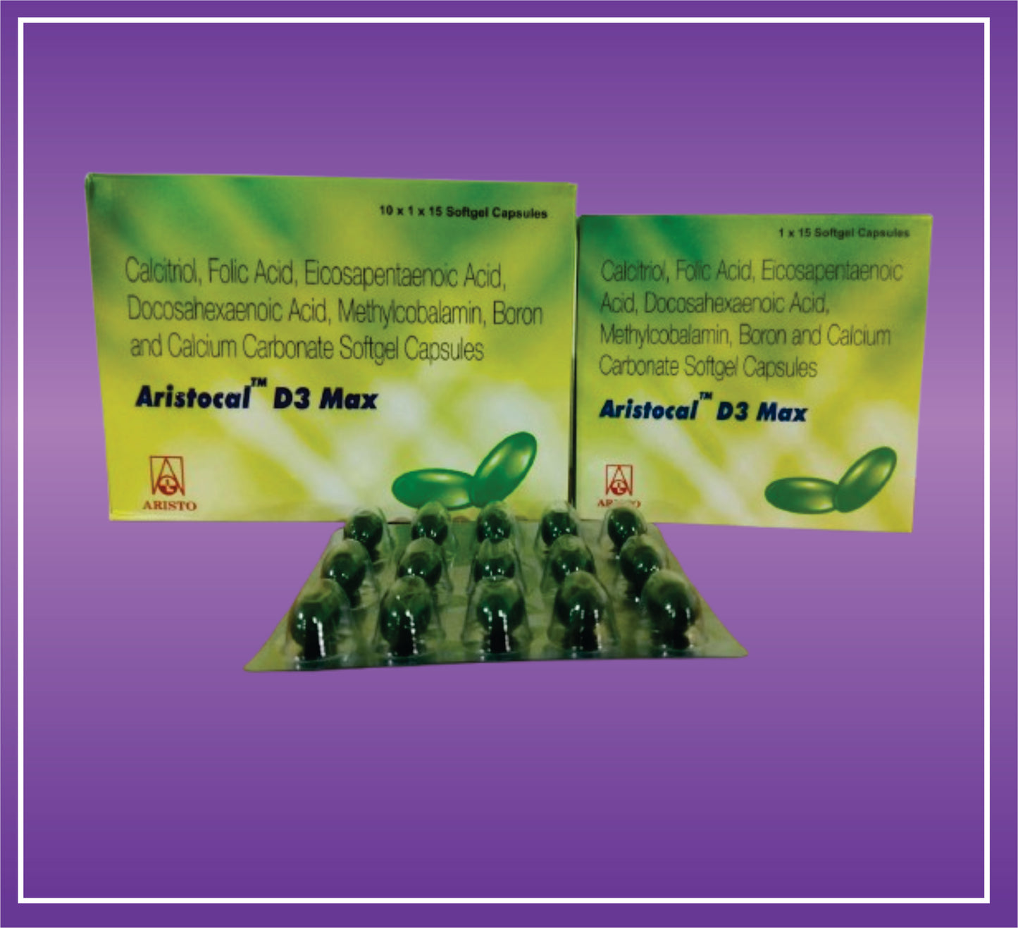Aristocal D3 Max (10x1x15) Calcitriol (0.25mcg) + Calcium Carbonate (1250mg eq to 500mg cal) Omega-3 fatty acid (300mg) + Methylcobalamin (1500mcg) + Folic Acid (400mcg) + Boron (1.5mg) + Softgel Gelatin Capsules by Aristo