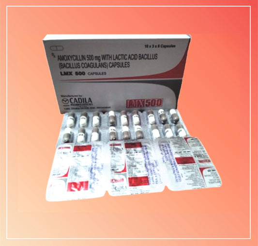 LMX 500MG CAP [REV FORMULA] 30X6 C (30X6 C) Amoxycillin 500 mg + Lactic Acid Bacillus 1.7 billion spores