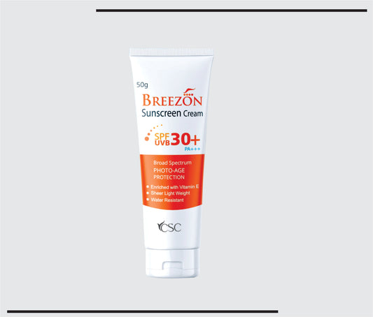 Breezon بعامل حماية من الشمس 30 (50 جم) أوكتيل ميثوكسي سينامات، بنزوفينون-3، أفوبينزون، ثاني أكسيد التيتانيوم وفيتامين هـ من CSC