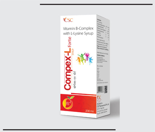 Compex L Forte (200ml) إل-لايسين أحادي هيدروكلوريد 150 ملجم + ثيامين هيدروكلوريد 2 ملجم + ريبوفلافين فوسفات الصوديوم 1.80 ملجم + بيريدوكسين هيدروكلوريد 0.75 ملجم + دي-بانثينول 3 ملجم + نيكوتيناميد 25 ملجم من CSC