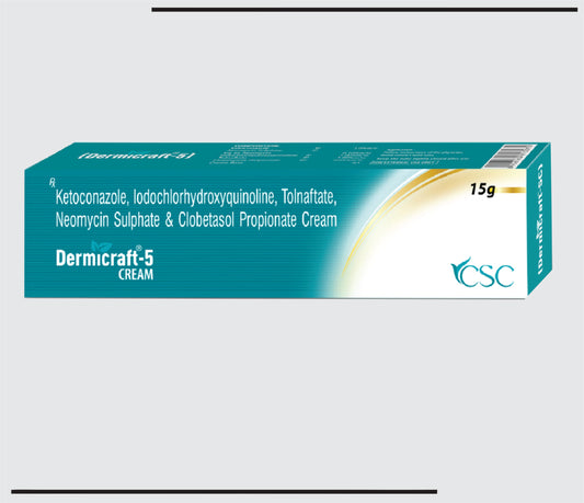 Dermicraft 5 (15gm) Ketokonazol %2.0 a/a + İyodoklorhidroksikinolin %1.0 a/a + Neomisin %0.1 a/a + Tolnaftat %1.0 a/a + Klobetazol Propiyonat %0.05 a/a CSC tarafından