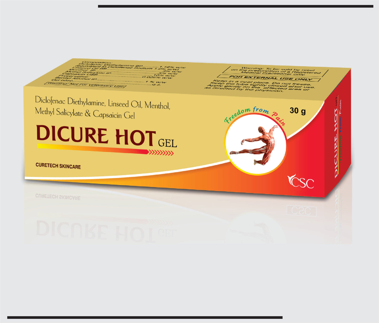 Dicure Sıcak Jel (30g) Diklofenak Sodyum %1.00 a/a + Saf Keten Tohumu Yağı %3.00 a/a + Kapsaisin %0.025 a/a + Metil Salisilat %10.00 a/a ve Mentol %5.00 a/a (CSC ürünüdür)
