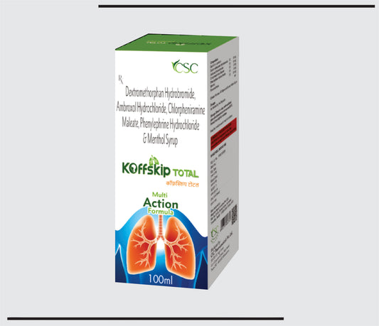 Koffskip Total  (100 ml  )Dextromethorphan Hydrobromide 10mg + Ambroxol Hydrochloride 15mg + Chlorpheniramine Maleate 2mg + Phenylephrine Hydrochloride 5mg + Menthol 1.5mg by CSC