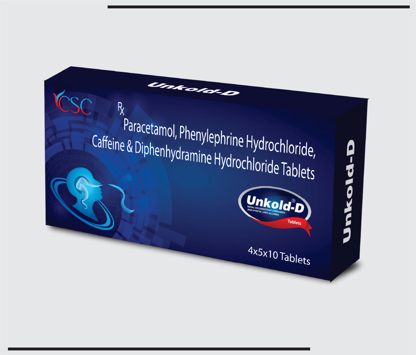 Unkold D (4x5x10 )Paracetamol 500mg + Phenylephrine HCL 5mg + Diphenhydramine HCL 25mg + Caffeine 30mg by CSC