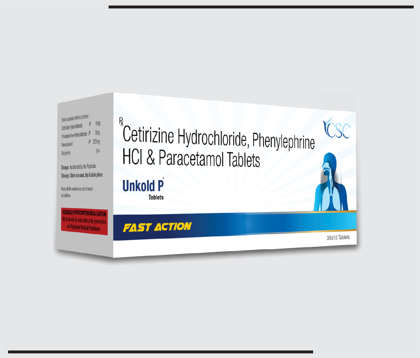 Unkold P (30x10 )Cetirizine Hydrochloride 5mg + Phenylephrine HCL 5mg + Paracetamol 325mg by CSC