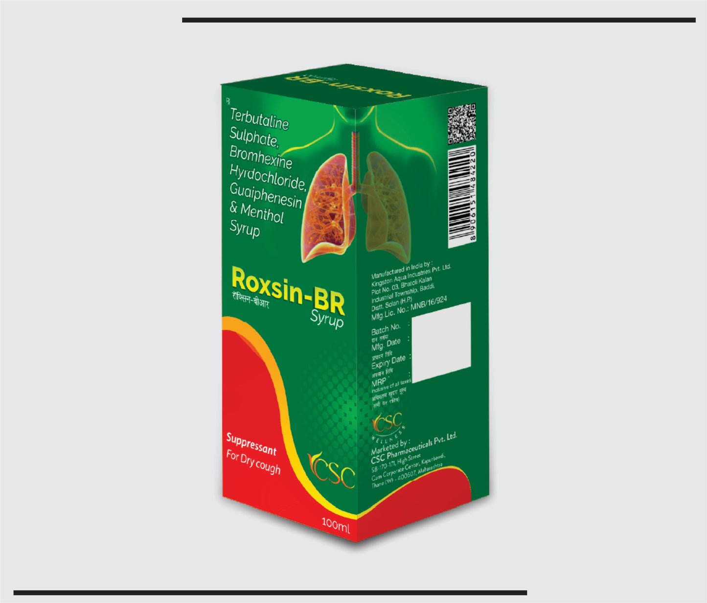 Roxsin BR  (100ml )Terbutaline Sulphate 1.25mg + Bromhexine Hydrochloride 4mg + Guaiphenesin 50mg + Menthol 2.5mg by CSC