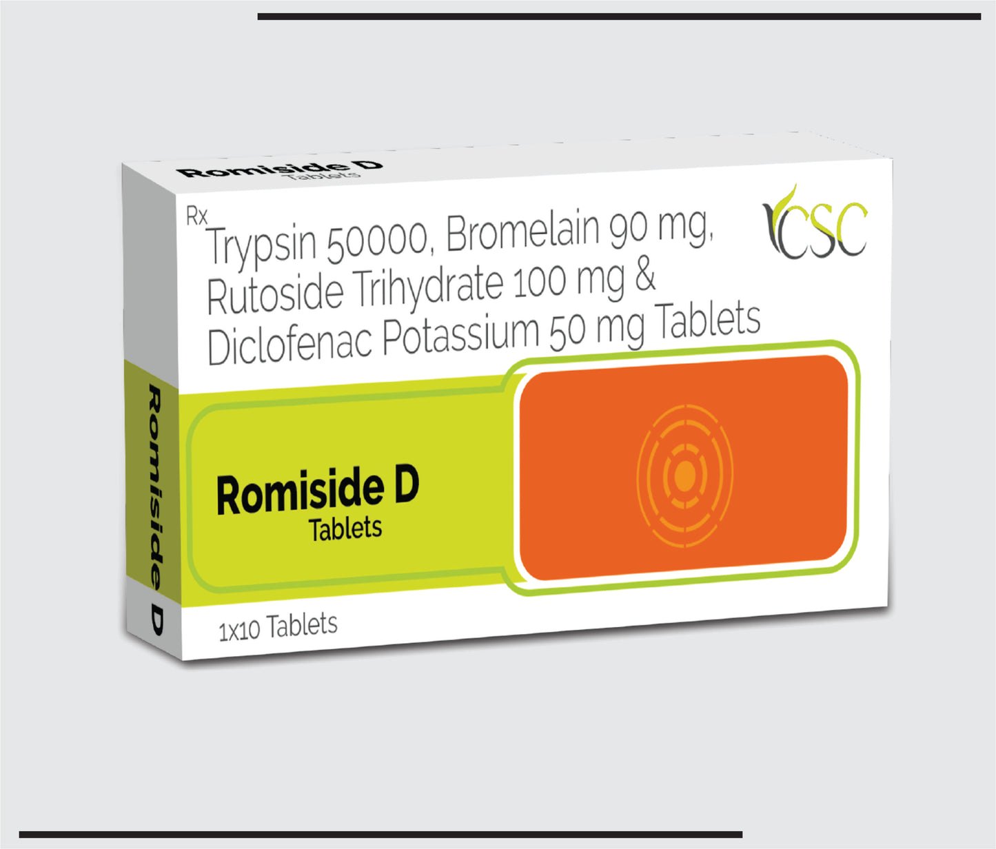 Romiside D  (10x1x10 )Trypsin, Bromelain, Rutoside & Diclofenac Tablets by CSC