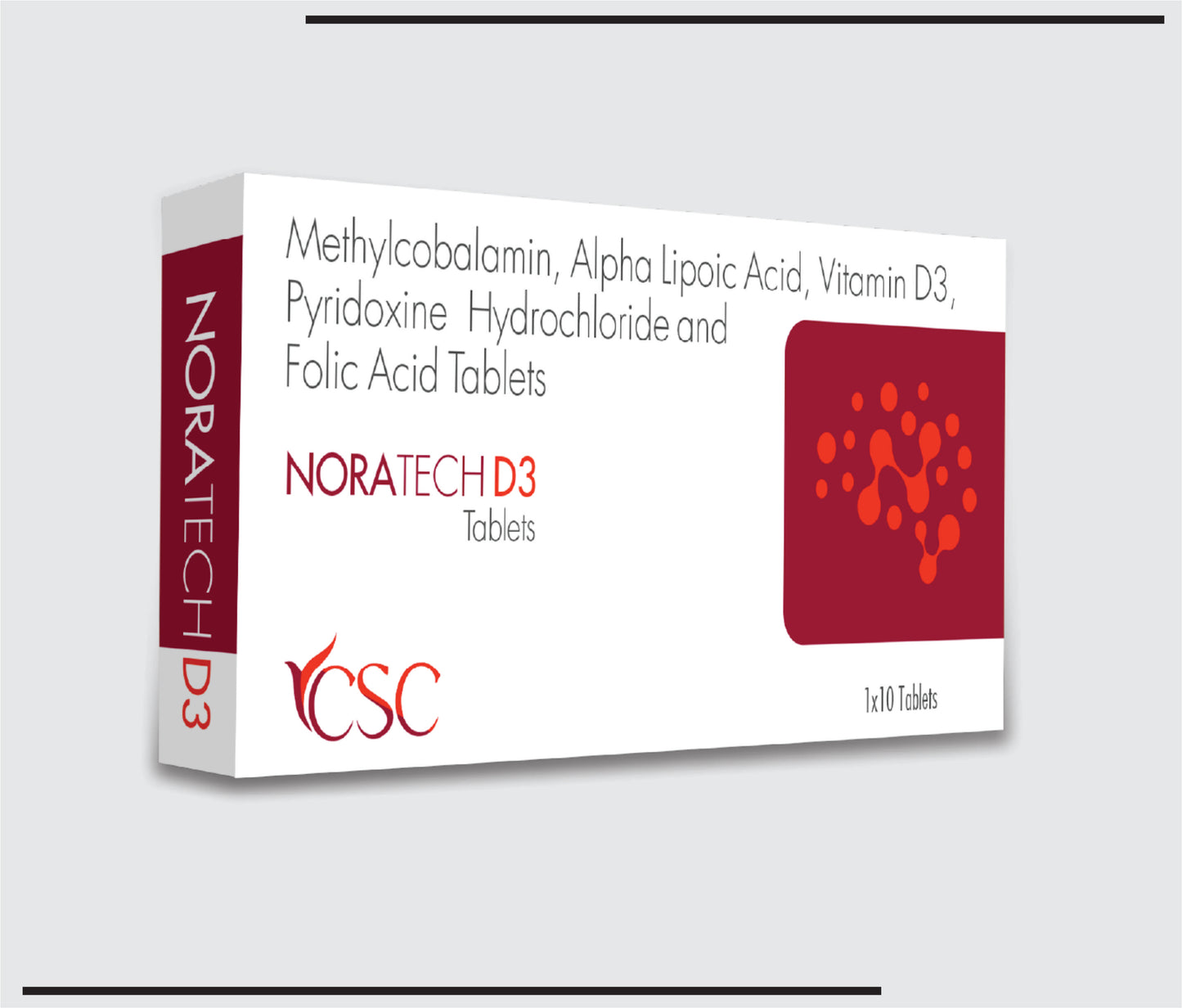 Noratech D3 (10x1x10 )Alpha Lipoic Acid 100mg + Pyridoxine Hydrochloride 3mg + Methycobalamin 1500mcg + Folic Acid 1.5mg + Vitamin D3 1000 IU + Nicotinamide 100mg + Nicotinamide 100mg + Chromium 200mcg by CSC