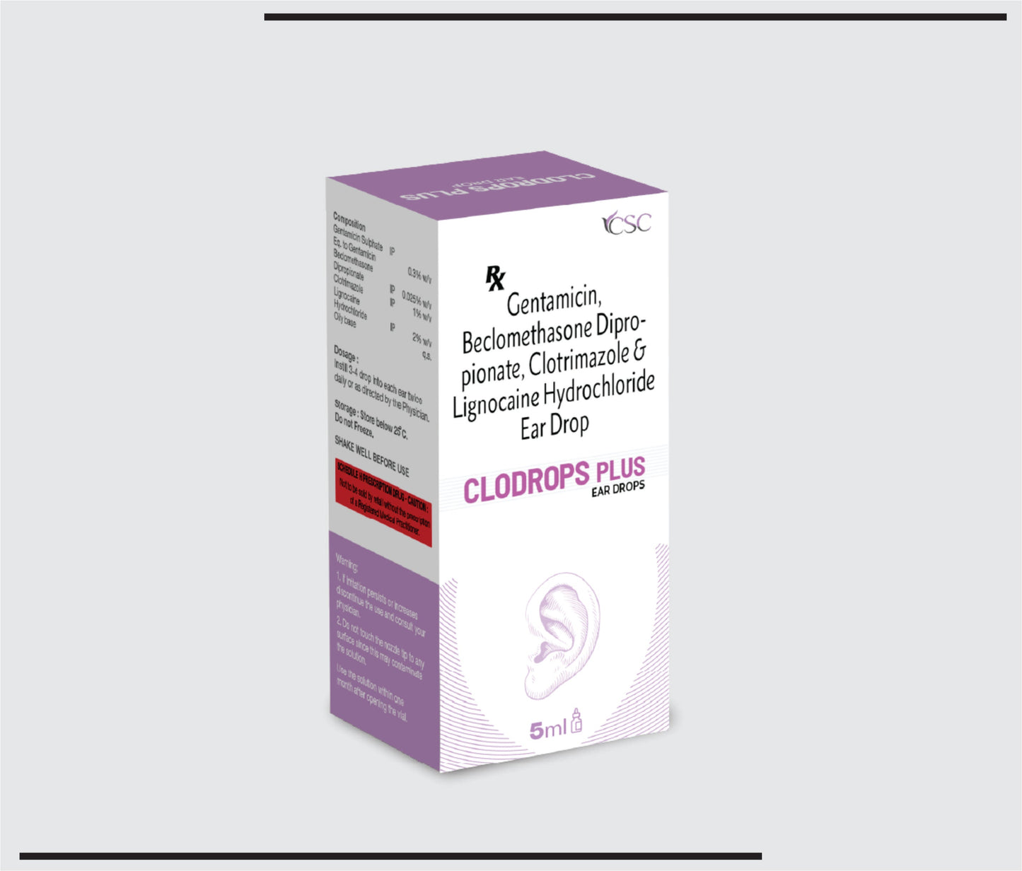 Clodrops Plus (5ml) Gentamisin %0.3 a/h, Beklometazon Dipropiyonat %0.025 a/h, Klotrimazol %1 a/h ve Lidokain Hidroklorür %2 a/h CSC tarafından