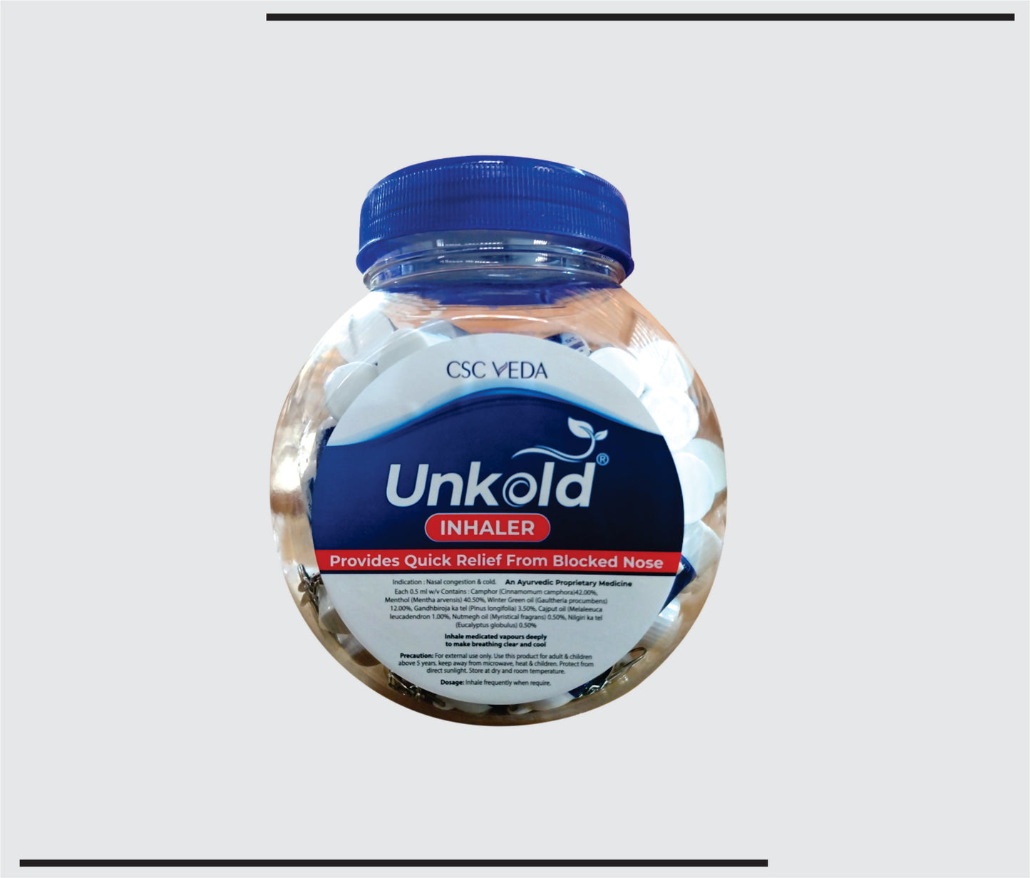 Unkold  Inhaler (5 ml  )amphor 42.00%,Menthol 40.50% winter Green Oil 12.00%, Gandhbiroja Ka tel 3.5%,Cajput Oil 1.00%,Nutmegh Oil 0.50%, Nilgiri Tel 0.50% by CSC