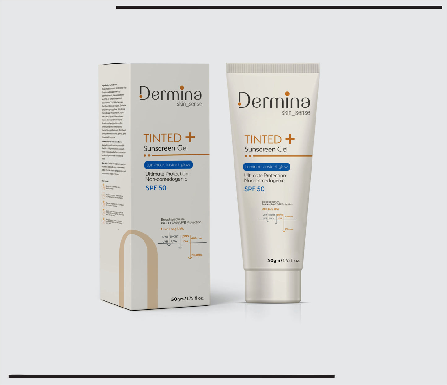 Tinted + SPF 50 Sunscreen Gel (50 gm ) Dermina Tinted+Sunscreen SPF 50- suncare 365 Tint by CSC
