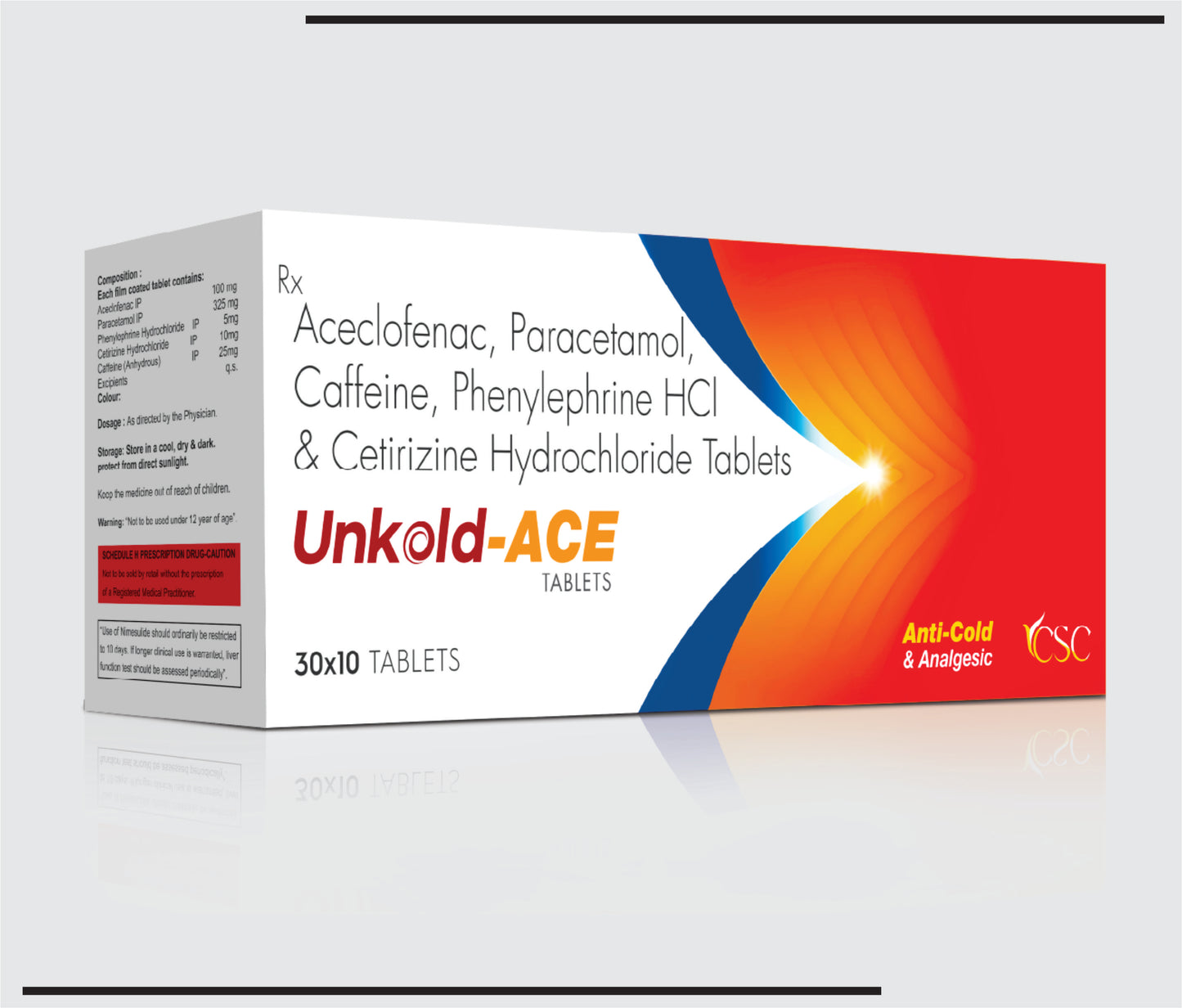 Unkold Ace (30x10 )Aceclofenac 100mg + Paracetamol 325mg +Phenylepherine Hydrochloride 5 mg +Cetirizine Hydrochloride 10mg+Caffeine 25 mg  by CSC