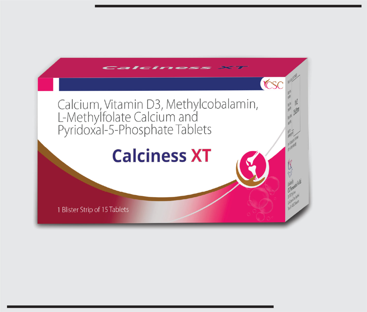 Calciness XT  (10x1x15 )Calcium Carbonate IP 1250 mg eq. to Elemental Calcium 500mg  + Cholecalciferol IP 2000IU +Mecobalamin IP 1500mcg+L-Methylfolate Calcium 1mg+Pyridoxal-5-Phosphate 20 mg  by CSC