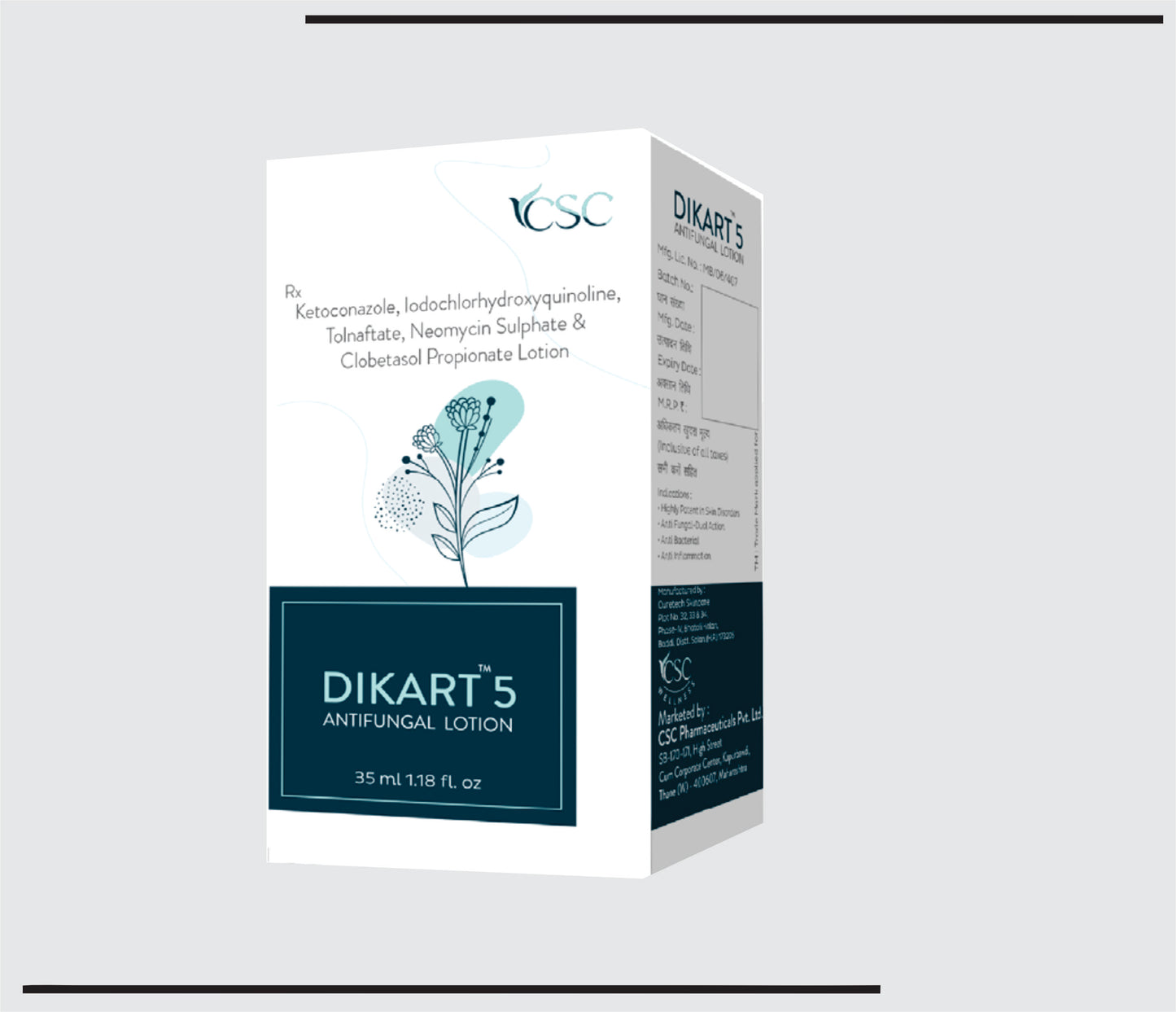 Dikart 5 Lotion (35ml )Ketoconazole + IDHQ + Neomycin + Tolnaftate + Clobetasole Lotion by CSC