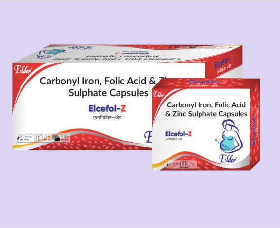 ELCEFOL Z CAPS * 15'S ( Carbonyl iron 50 mg, Zinc Sulphate Monohydrate 61.8 mg eq to elemental zinc 22.5 mg & Folic Acid 0.5 mg ) by Elder