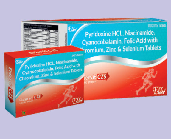 ELDERVIT CZS TABS 15'S (بيريدوكسين 2 ملغ، نيكوتيناميد 10 ملغ، سيانوكوبالامين 15 ملغ، حمض الفوليك 1500 ملغ، كروم 250 مكغ) من إلدر
