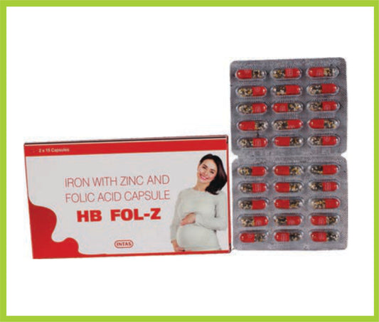 HB FOL-Z 15 CAP (Carbonyl Iron 50 mg + Zinc 61.8 mg + Folic Acid 0.5 mg) by Intas