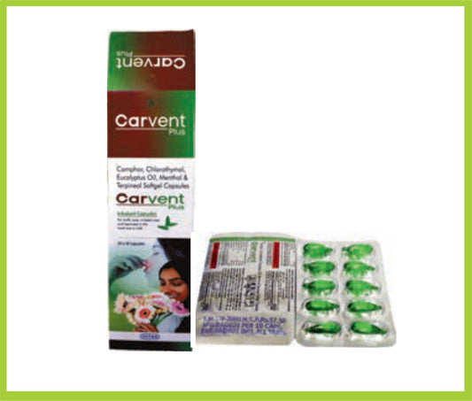 CARVENT PLUS 10 CAP (Camphor 25 mg + Chlorothymol 5 mg + Eucalyptus Oil 125 mg + Menthol 55 mg + Terpineol 125 mg) by Intas
