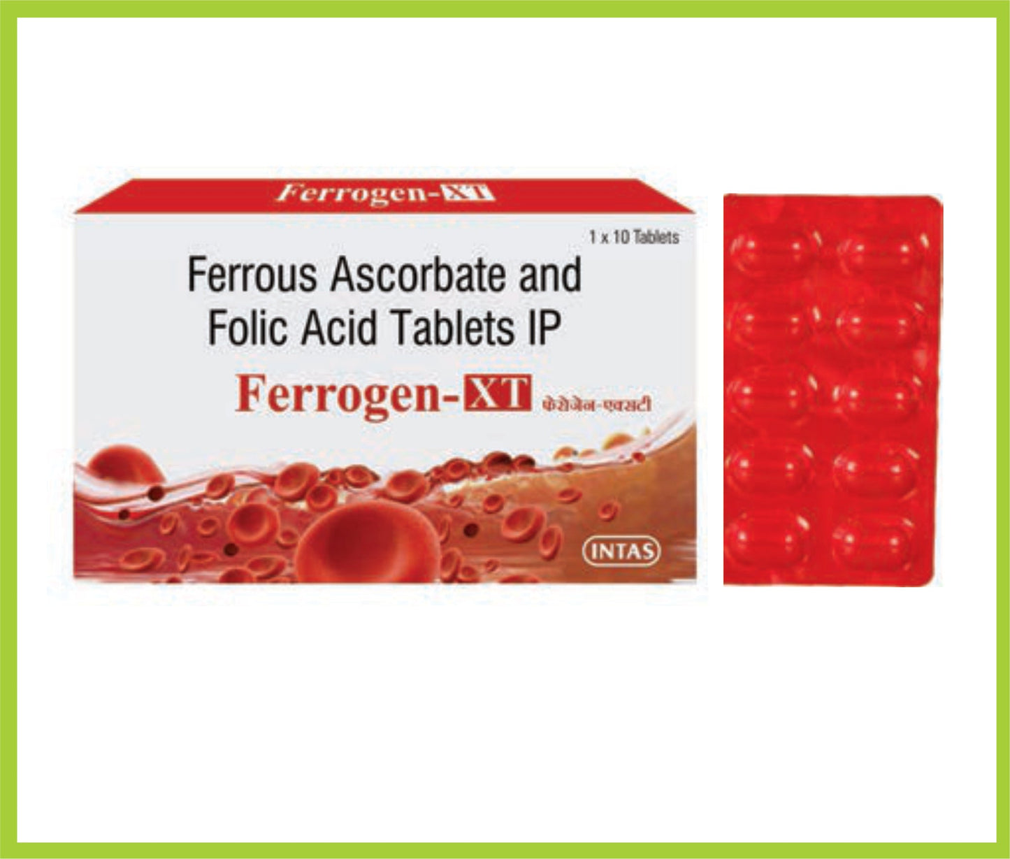 FERROGEN XT 10 TAB (أسكوربات الحديدوز 100 ملغ + حمض الفوليك 1.5 ملغ) من Intas