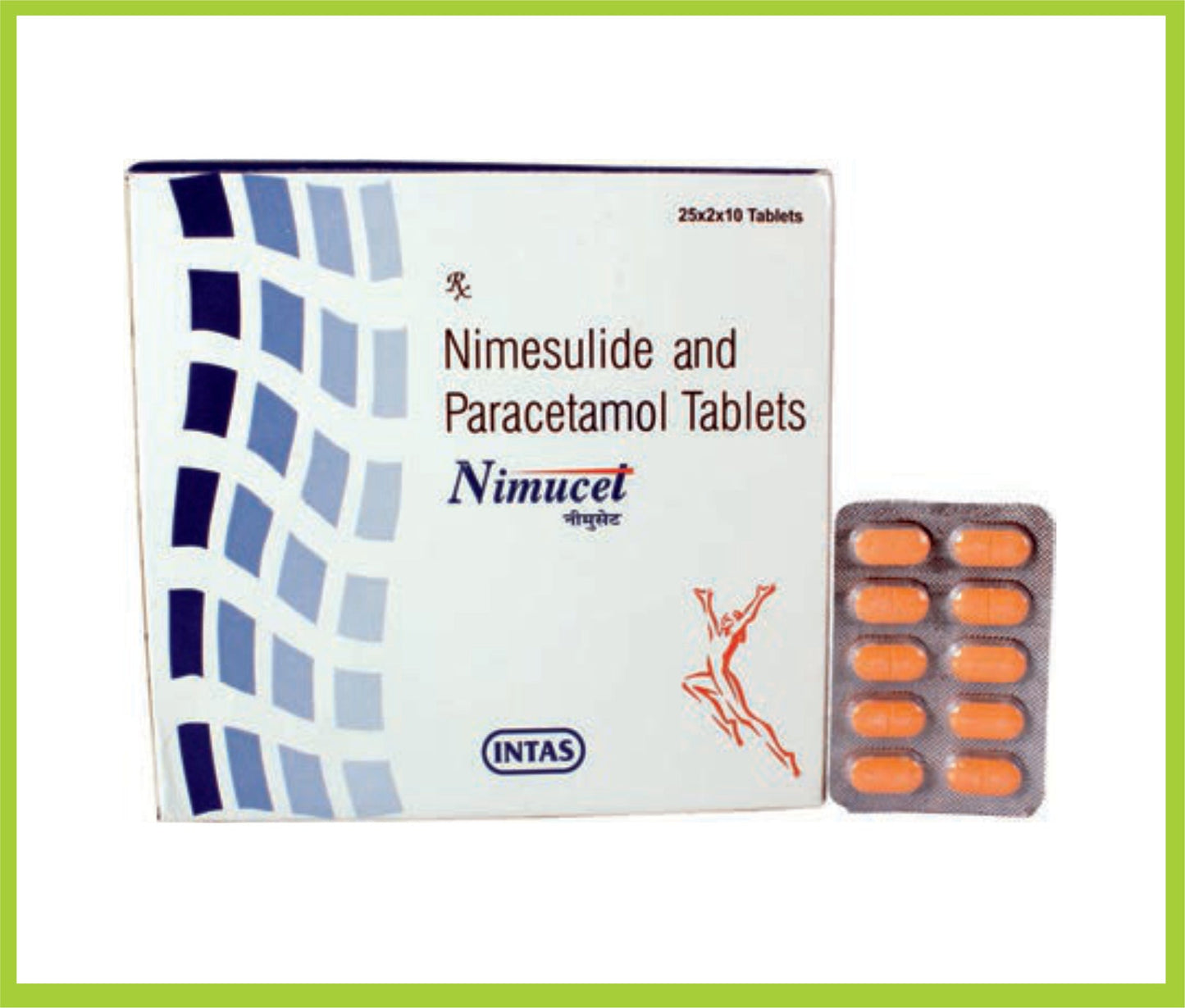 NIMUCET 10 أقراص (50 × 10 أقراص) (نيميسوليد 100 مجم + باراسيتامول 325 مجم) من Intas