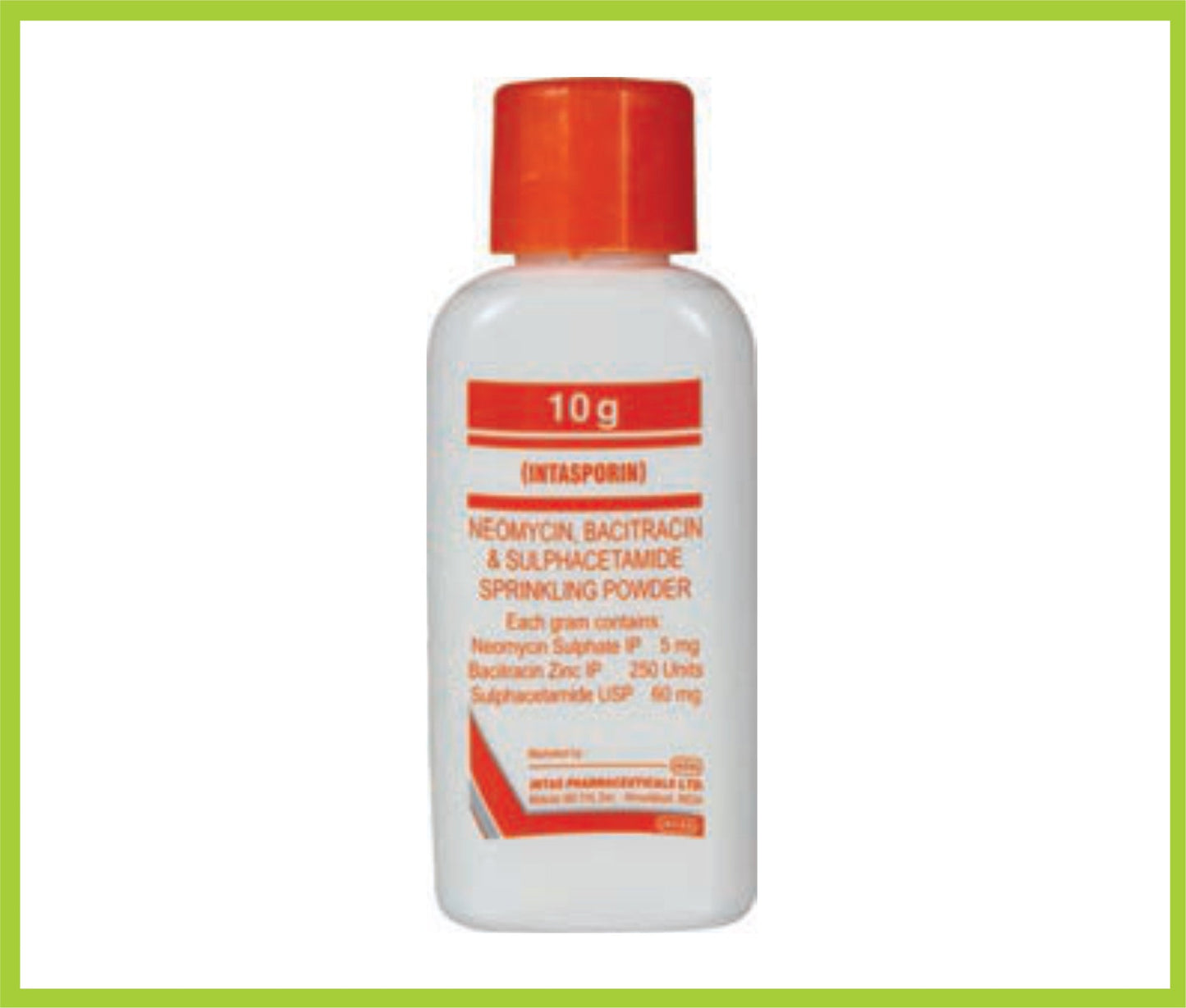 بودرة إنتاسبورين 10 جم (نيومايسين سلفات 5 مجم + باسيتراسين 250 وحدة + سلفاسيتاميد 60 مجم) من إنتاس