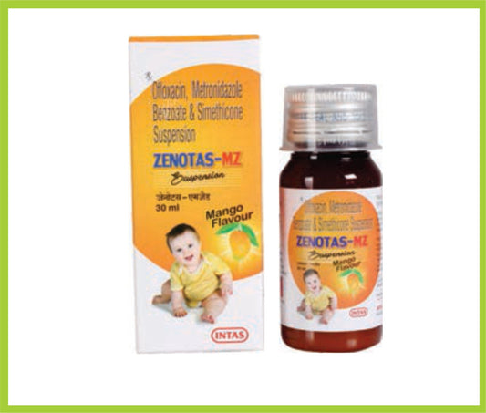 ZENOTAS-MZ SUSPENSION 30 ML (Ofloxacin 50 mg + Metronidazole 120 mg + Simethicone 10 mg) by Intas
