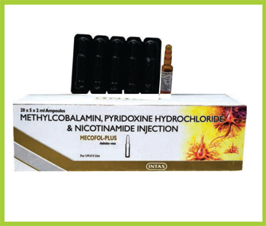 MECOFOL PLUS INJ 2 ML (Mecobalamin 1000 mcg + Vitamin B6 100 mg + Nicotinamide 100 mg + Benzyl Alcohol 2%) by Intas