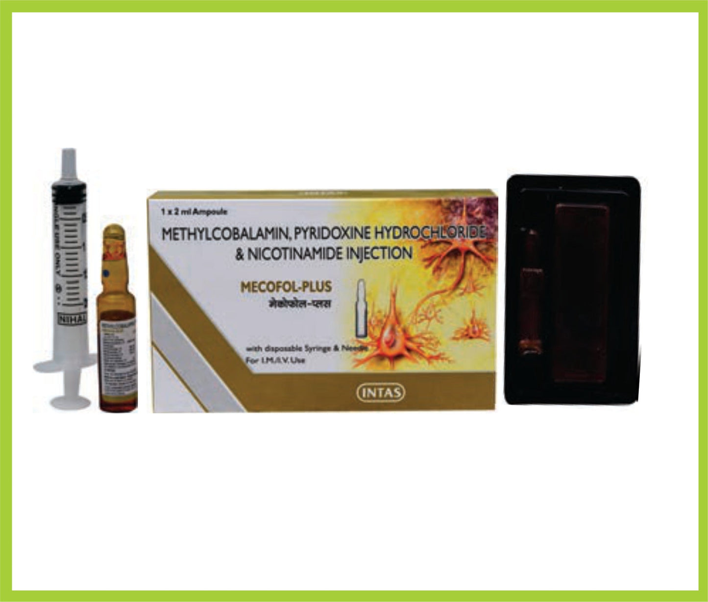 MECOFOL PLUS INJ 2ML (عبوة استخدام مرة واحدة) (ميكوبالامين 1000 مكجم + فيتامين ب6 100 مجم + نيكوتيناميد 100 مجم + بنزيل الكحول 2%) من Intas
