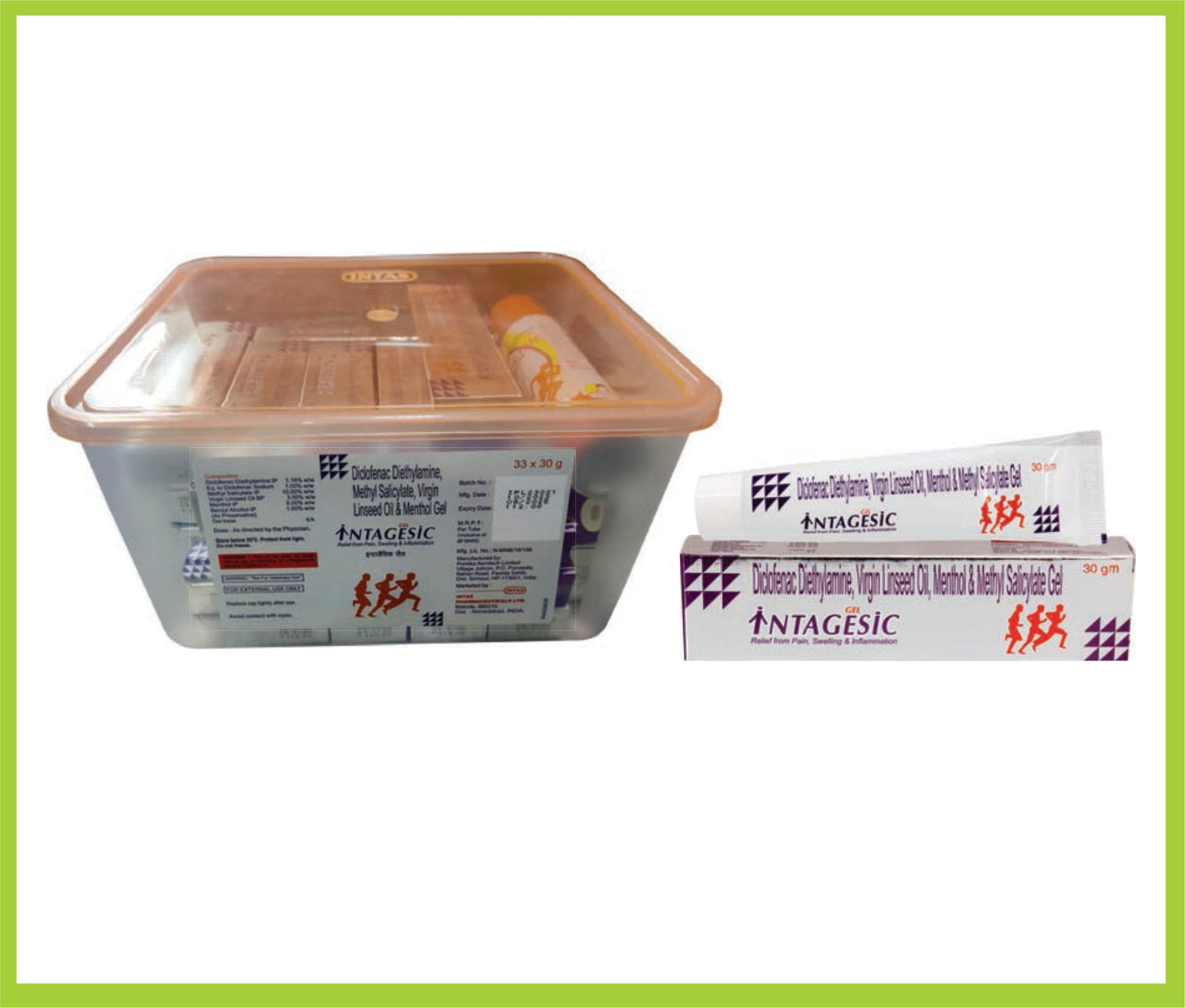 جل إنتادجيسك 33×30 جم (مجموعة) (زيت بذر الكتان 3% وزن/وزن + ديكلوفيناك ثنائي إيثيل أمين 1.16% وزن/وزن + ساليسيلات الميثيل 10% وزن/وزن + المنثول 5% وزن/وزن + كحول البنزيل 1% وزن/وزن) من إنتاس