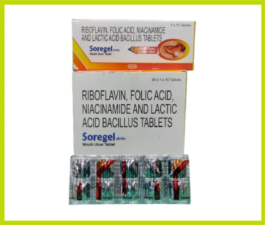 SOREGEL TABLET (10T) (Riboflavin 10 mg + Folic Acid 1.5 mg + Niacinamide 10 mg + Lactic Acid Bacillus 60 million spores) by Intas