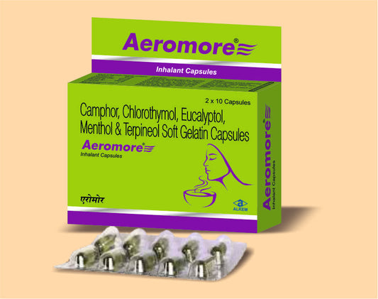AEROMORE INHALANT CAPSULES (10'S) Camphor 25 mg + Chlorothymol 5 mg + Eucalyptol 125 mg + Menthol 55 mg + Terpineol 120 mg by Alkem1