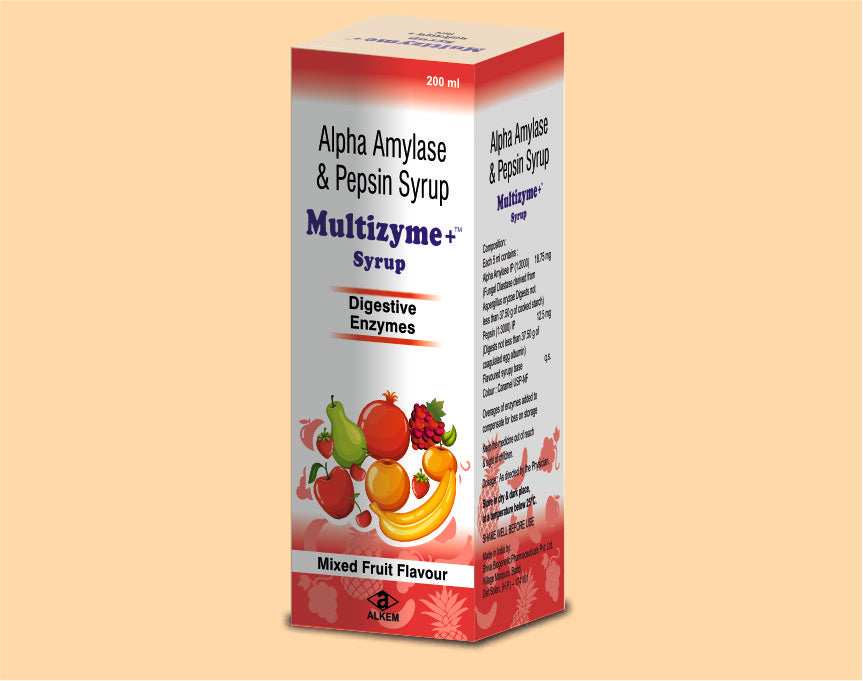 MULTIZYME,SYRUP (200ML) MIXED FRUIT FLAV Pepsin 12.5 mg + Fungal Diastase 18.75 mg by Alkem1