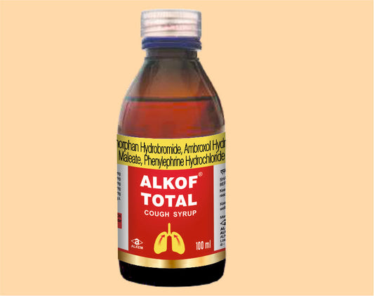 ALKOF TOTAL COUGH SYRUP (100ML) Dextromethorphan Hydrobromide 10 mg + Ambroxol HCl 15 mg + Chlorpheniramine Maleate 2 mg + Phenylephrine 5 mg + Menthol 1.5 mg by Alkem1