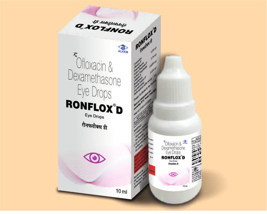 RONFLOX D EYE DROPS (10ML) Ofloxacin 0.3% w/v + Dexamethasone Sodium Phosphate 0.1% w/v + Hydroxypropylmethylcellulose 0.025% w/v by Alkem1