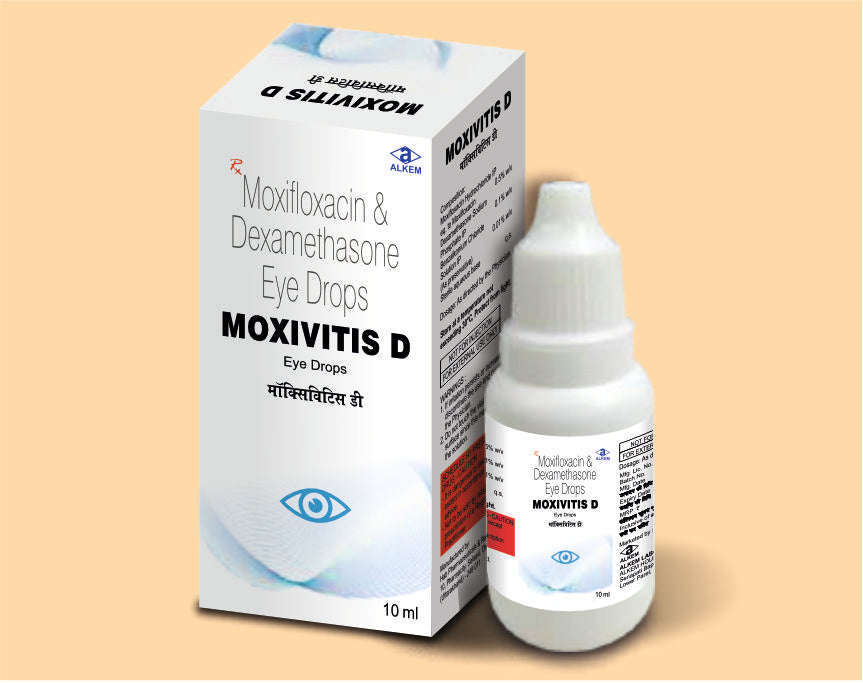 MOXIVITIS D EYE DROPS (10ML) Moxifloxacin 0.5% w/v + Dexamethasone Sodium Phosphate 0.1% w/v by Alkem1