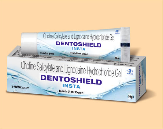 DENTOSHIELD INSTA MOUTH ULCER GEL
10GM Choline Salicylate 8.7% w/w + Lignocaine HCl 2% w/w + Benzalkonium Chloride 0.01% w/w by Alkem1