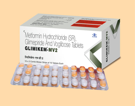 GLIMIKEM MV2 TABLETS (15’S) Glimepiride 2 mg + Metformin 500 mg + Voglibose 0.2 mg by Alkem1