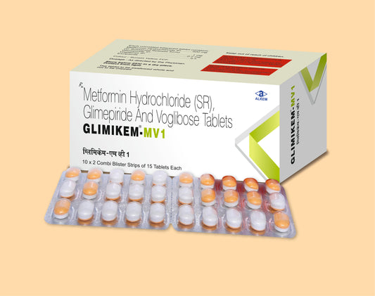 GLIMIKEM MV1 TABLET (15'LİK) Glimepirid 1 mg + Metformin 500 mg + Vogliboz 0,2 mg, Alkem1