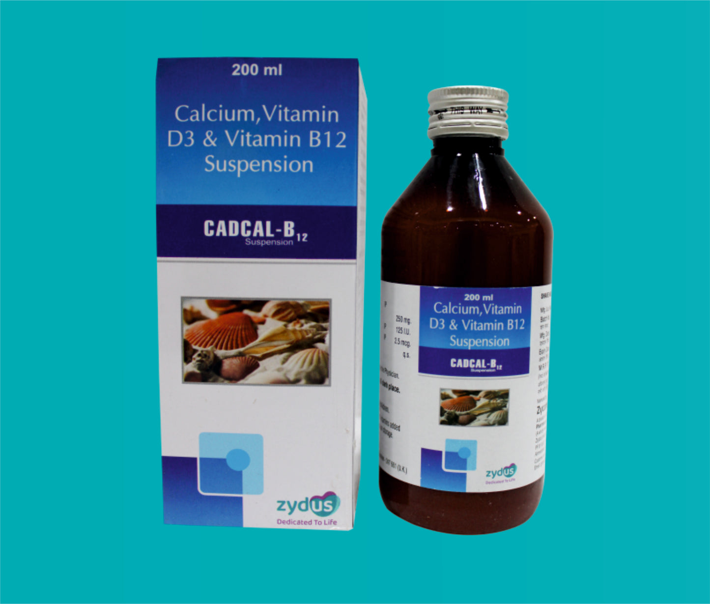 Cadcal B12 Syp.  (200 ml. ) Calcium 250 mg + Vitamin D3 125 IU + Vitamin B12 2.5 mcg by Zydus
